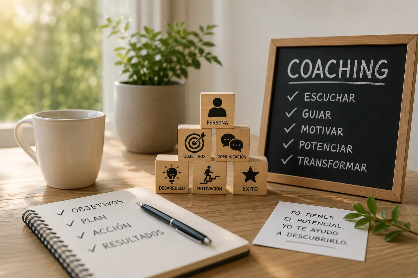 Elementos que representan objetivos, comunicación, desarrollo y acción en coaching