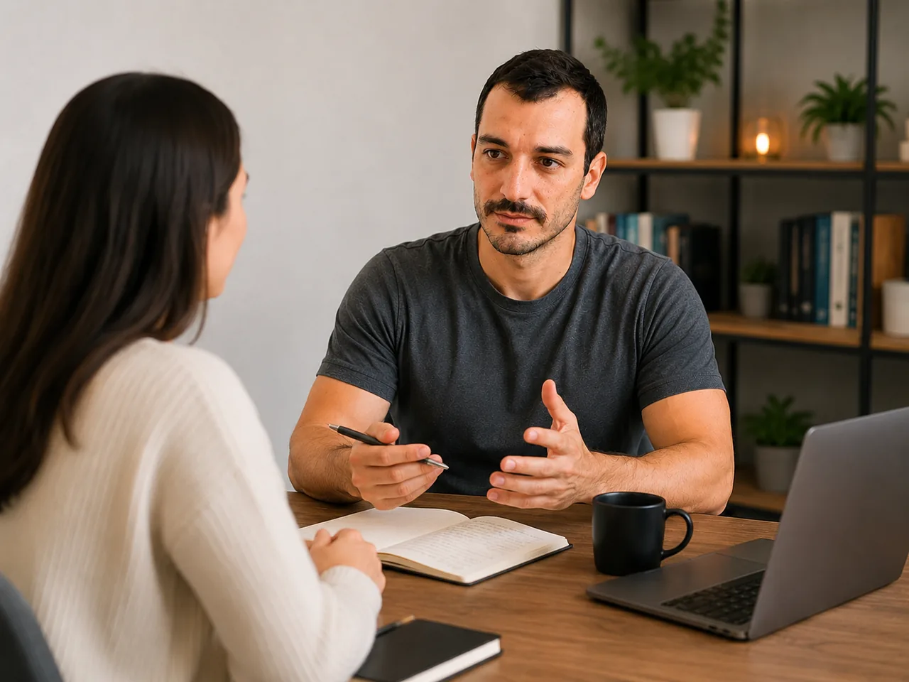 Juan José Riganti conversando con una persona durante una sesión de coaching profesional